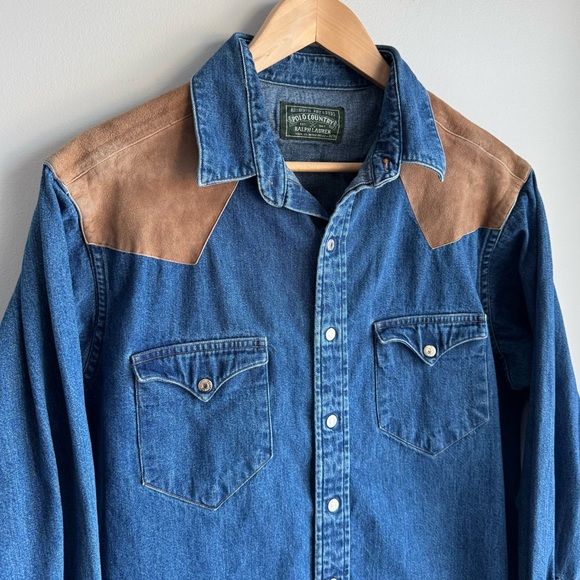 Rare 90s Vintage Ralph Lauren Polo Country Denim Suede Shirt XL Western Rugged - Picture 2 of 14
